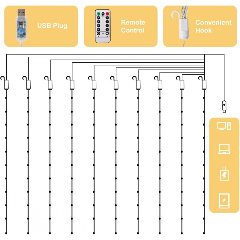 Anivia (2 Pièces) Rideau Lumineux Led 3x3m 300 LEDs USB Guirlande Lumineuse Rideau avec 8 Modèles Lumineux pour Décoration de