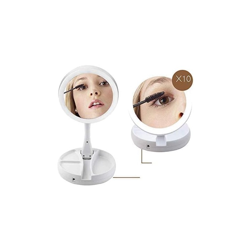 1 miroir de maquillage à LED double face pliable avec loupe et miroir de voyage portable avec lumière LED en plein jour (blanc)