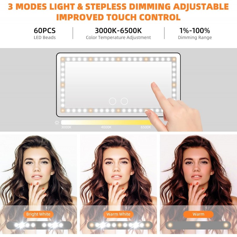 Miroir de courtoisie pour pare-soleil de voiture, miroir de maquillage rechargeable avec 3 modes d'éclairage et 60 LED - Miroir