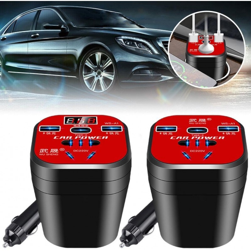 Convertisseur de type tasse monté sur voiture, chargeur QC, onduleur de voiture 200 W, 5 en 1 porte-gobelet design 3 USB