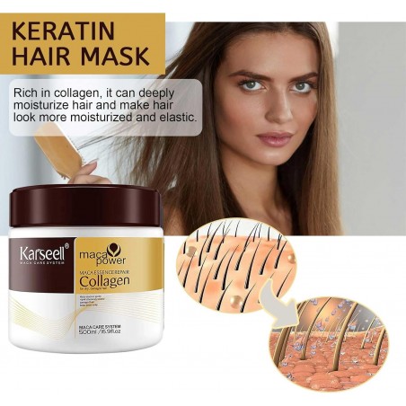 Karseell Masque capillaire au collagène, traitement capillaire, 500 ml, réparateur en profondeur, huile d'argan, collagène, pour