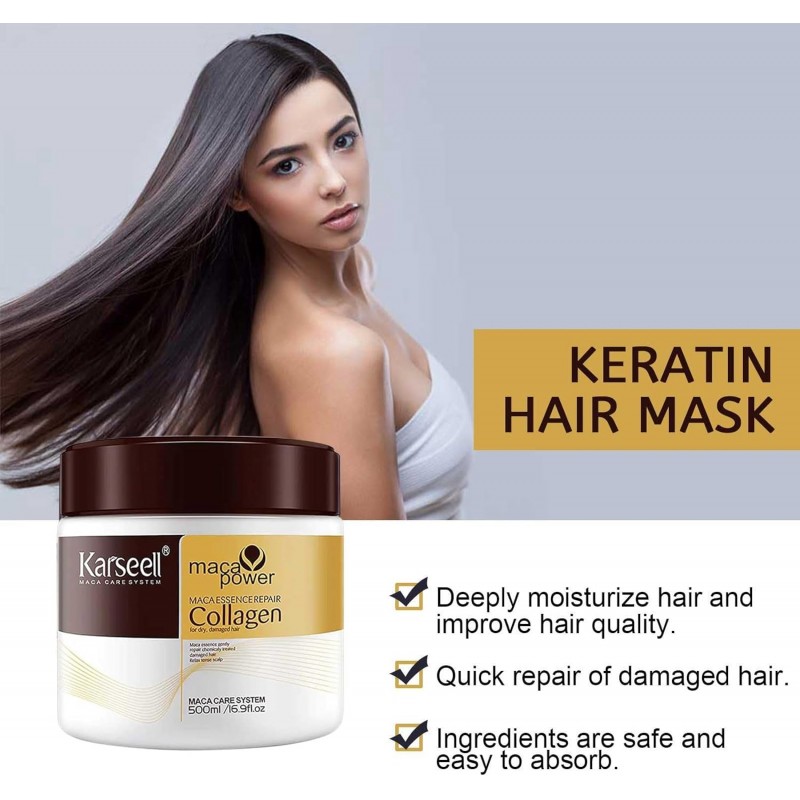 Karseell Masque capillaire au collagène, traitement capillaire, 500 ml, réparateur en profondeur, huile d'argan, collagène, pour